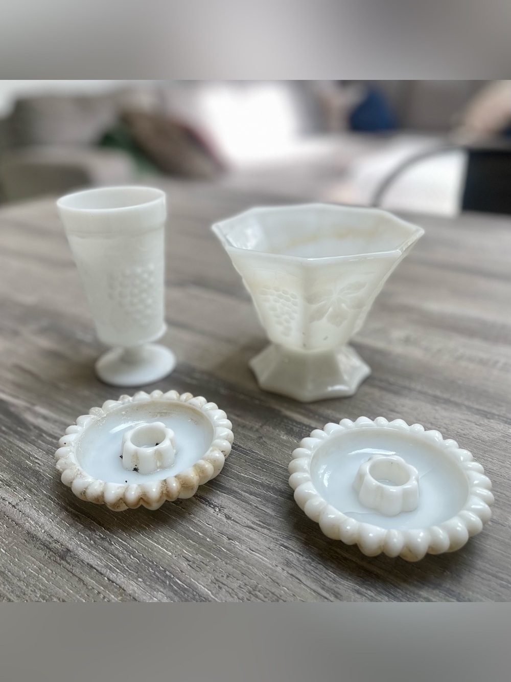Vintage White Milk Glass Decorative Tableware Set - Embossed Grape Motif